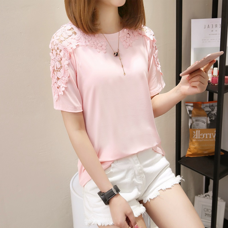 เสื้อแขนสั้น ผู้หญิง สีขาว ผ้าลูกไม้ลายฉลุ สไตล์ฮ่องกง