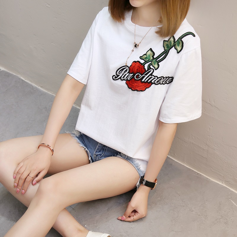 Xian Yuansu เสื้อยืดแขนสั้น แบบหลวม สไตล์ผู้หญิงเกาหลี (828 (สีดำ)) (828 (สีดำ))