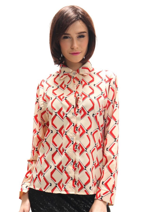 All about Fashionista เสื้อเชิ้ต ผ้าไหมอิตาลีพิมพ์ลายกราฟฟิก แขนยาว - สีครีม