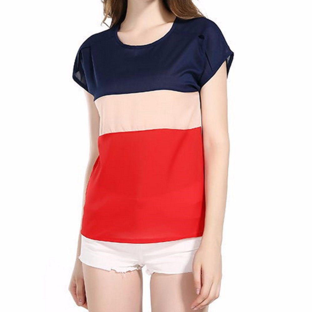 แฟชั่นอาร์ทแฟชั่นฤดูร้อนผู้หญิงชีฟองเสื้อยืดแขนสั้นสี Splice หลวมเสื้อยืด - นานาชาติ