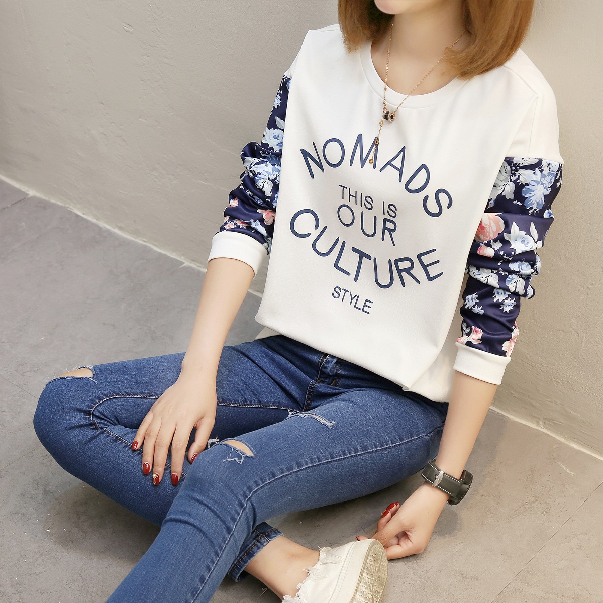 เสื้อยืด แขนยาวผ้าลูกไม้ คอกลม สไตล์ผู้หญิงเกาหลี (159 (สีขาว)) (159 (สีขาว))