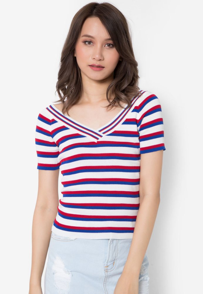 เสื้อยืด Ribbed V-Neck Striped
