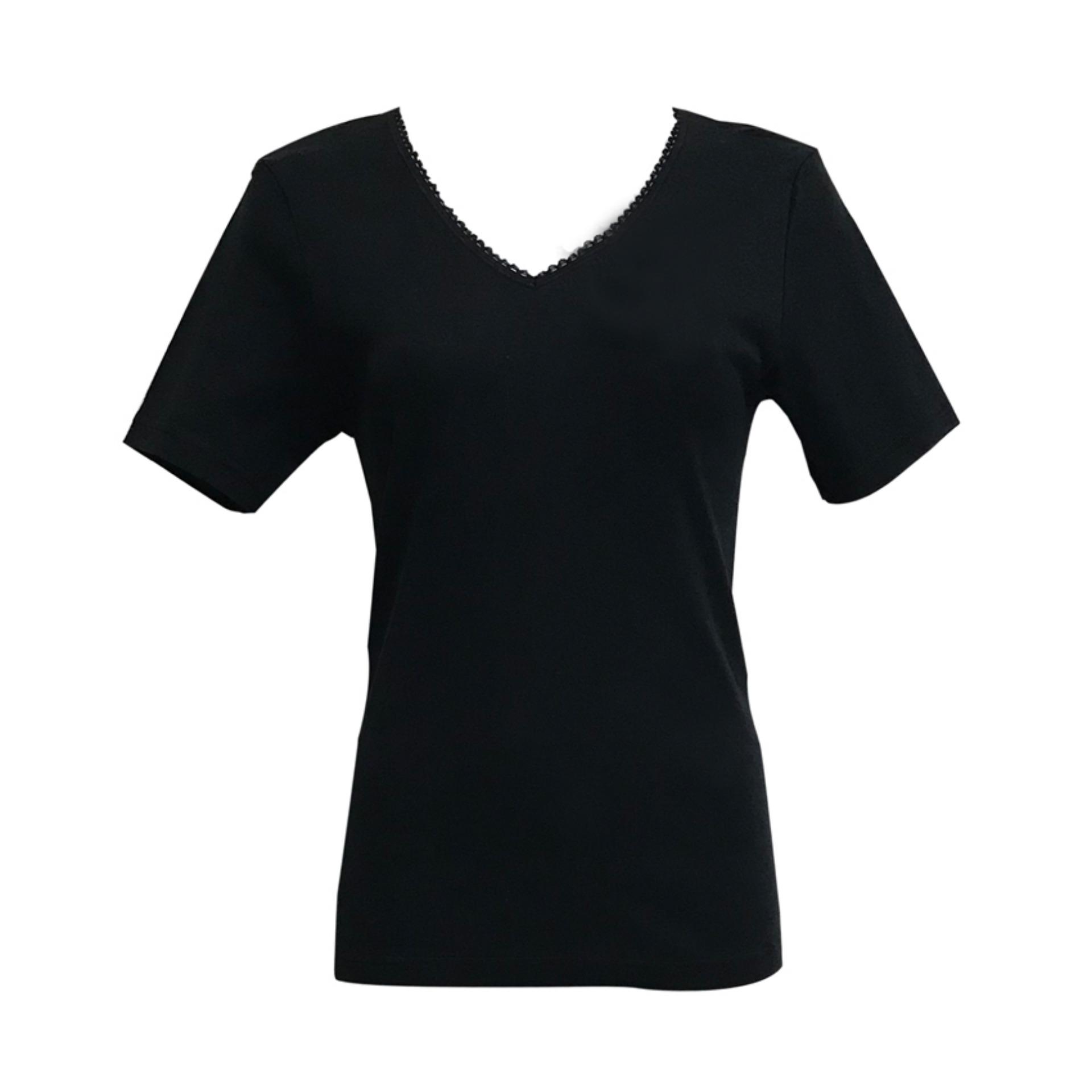 GUNZE เสื้อแขนสั้นแต่งลูกไม้คอวี รุ่น NH2230-BL สีดำ GUNZE เสื้อแขนสั้นแต่งลูกไม้คอวี รุ่น NH2230-BL สีดำ