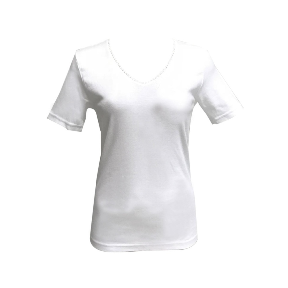GUNZE เสื้อแขนสั้นแต่งลูกไม้คอวี รุ่น NH2230 - WH สีขาว GUNZE เสื้อแขนสั้นแต่งลูกไม้คอวี รุ่น NH2230 - WH สีขาว