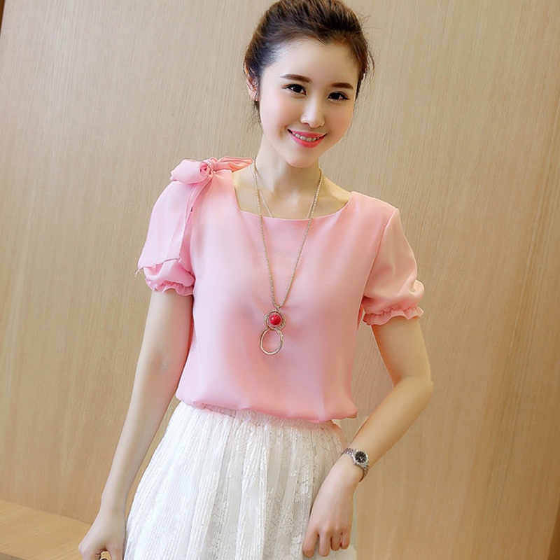 เสื้อสตรีผ้าชีฟองตัวยาว เปิดไหล่ ผูกโบว์ สีทึบ