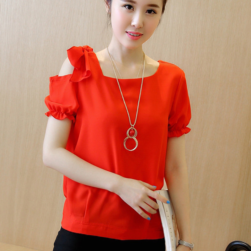 เสื้อสตรีผ้าชีฟองตัวยาว เปิดไหล่ ผูกโบว์ สีทึบ เสื้อสตรีผ้าชีฟองตัวยาว เปิดไหล่ ผูกโบว์ สีทึบ
