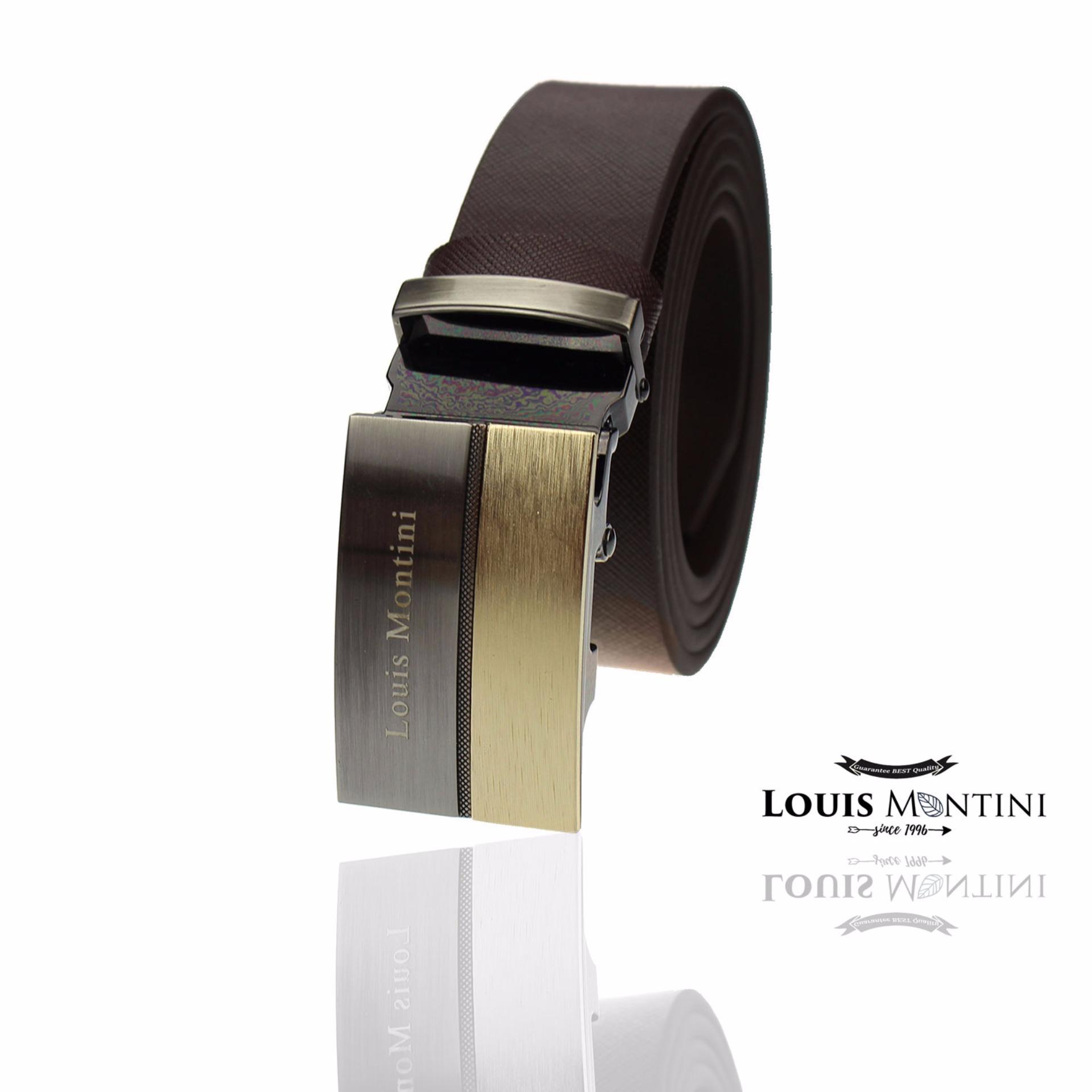 Louis Montini Deluxe Automatic Belt เข็มขัดหนังวัวแท้ หัวออโต้เมติค เข็มขัดผู้ชาย ลุคนักธุรกิจ Bussiness belt รุ่น MGN312-01 - ดำ/เทา
