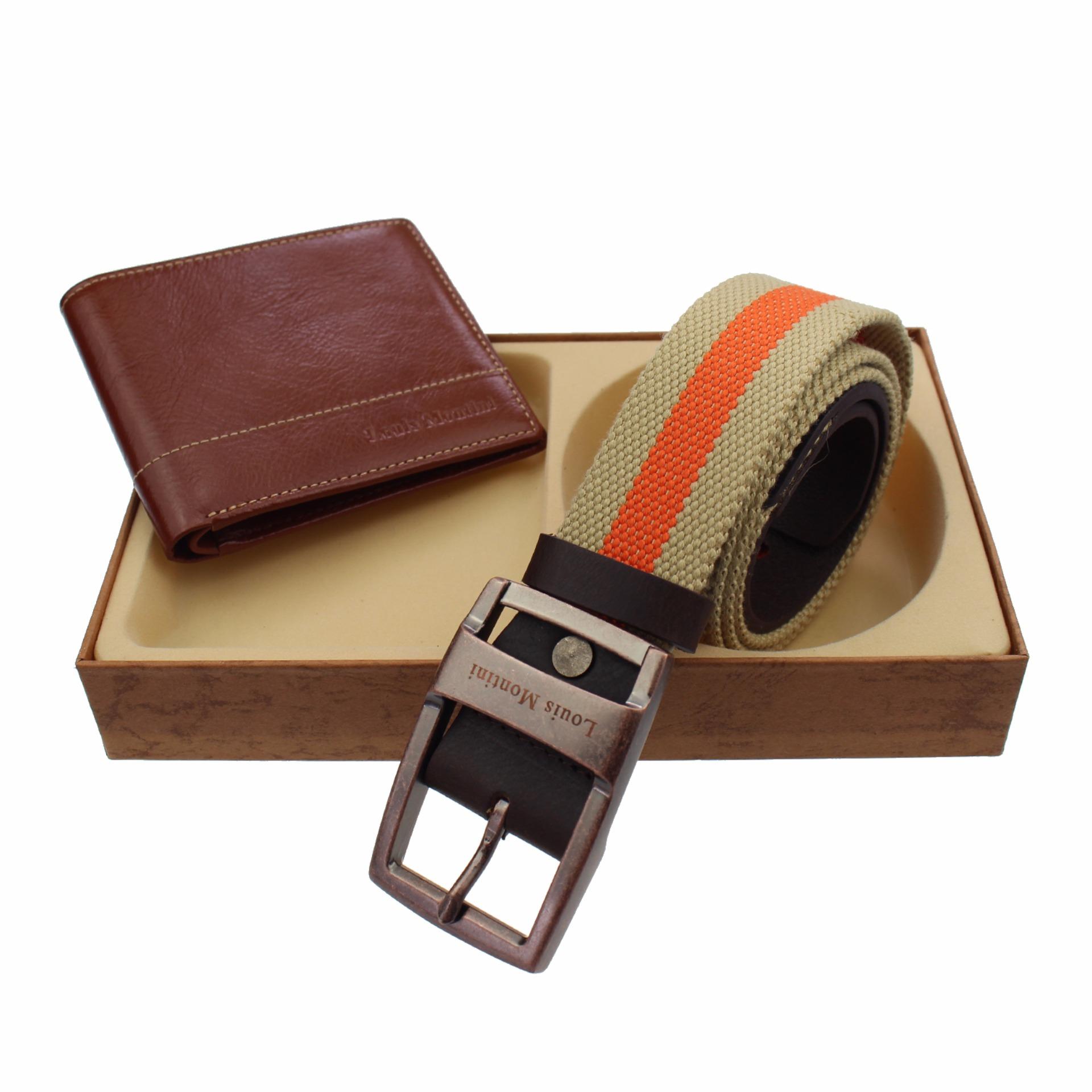 Louis Montini Gift Set Wallet and Belt กิ๊ฟเซ็ทกระเป๋าธนบัตร+เข็มขัด กิ๊ฟเซ็ทกระเป๋า กระเป๋าสตางค์ และ เข็มขัดหนังแท้ รุ่น TTM072-02, MCT02-02 (LM-GS120)