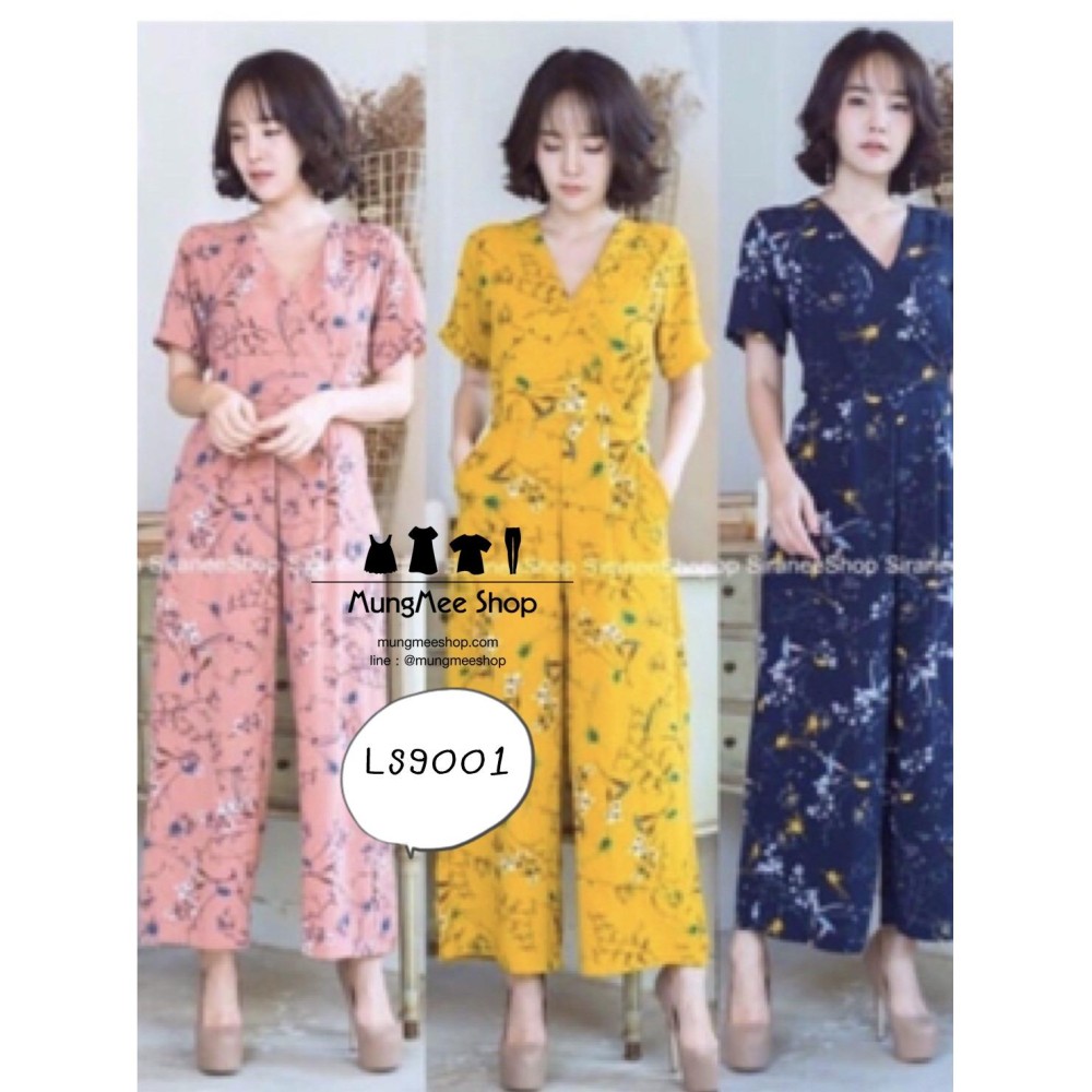 LS9001 maxi dress จั๊มสูทขายาว แขนระบาย ผ้าชีฟองเกาหลี ลายก้านแก้ว งานสั่งทำเฉพาะสาวอวบ อก42ถึง46นิ้วค่ะ