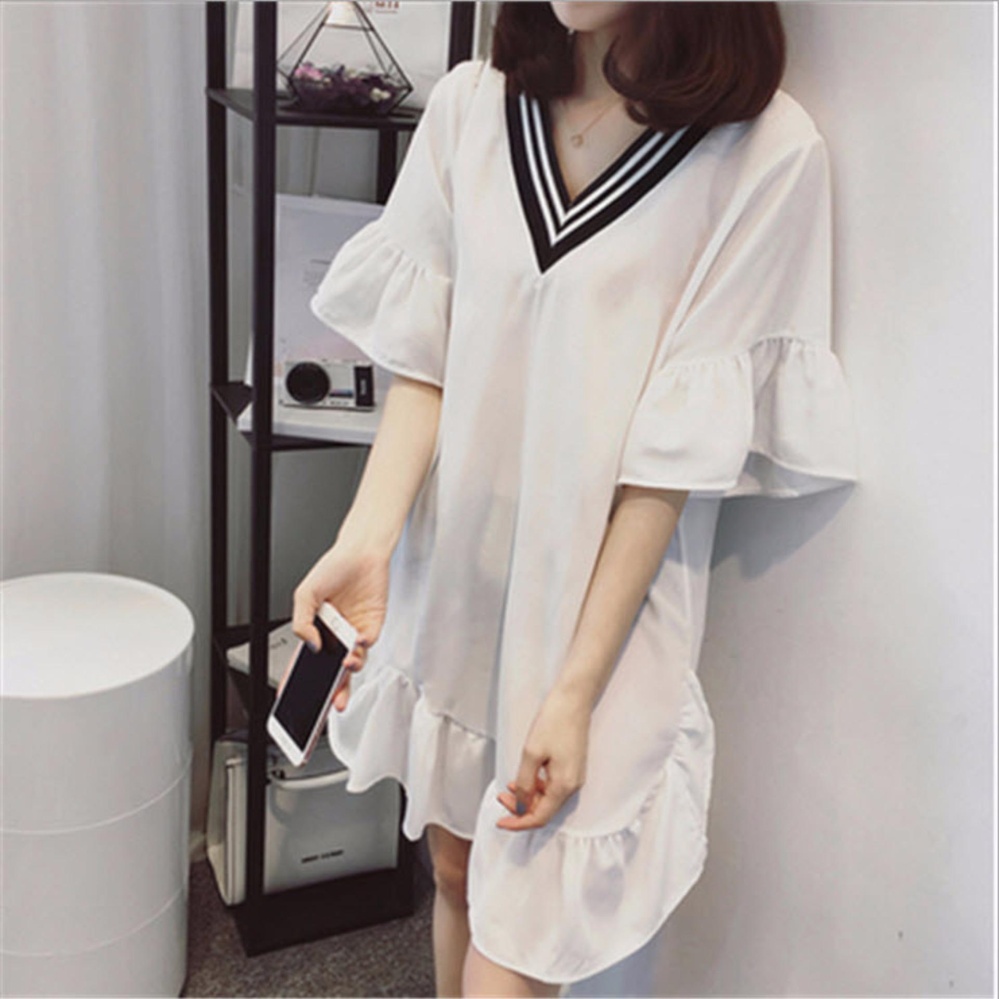 มินิเดรส แต่งระบายที่แขน และปลายกระโปรง สีขาว ไซต์ M-4XL # 6905