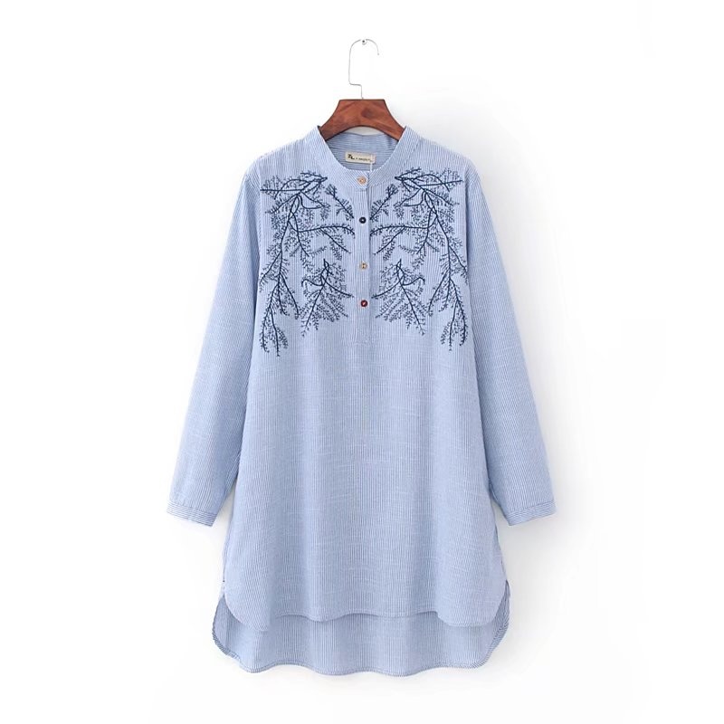 เสื้อผ้าฝ้ายผสมลินิน ไซส์ใหญ่ ปักลายเส้น ตัวยาว ทรงหลวม (สีดำ) (สีดำ)