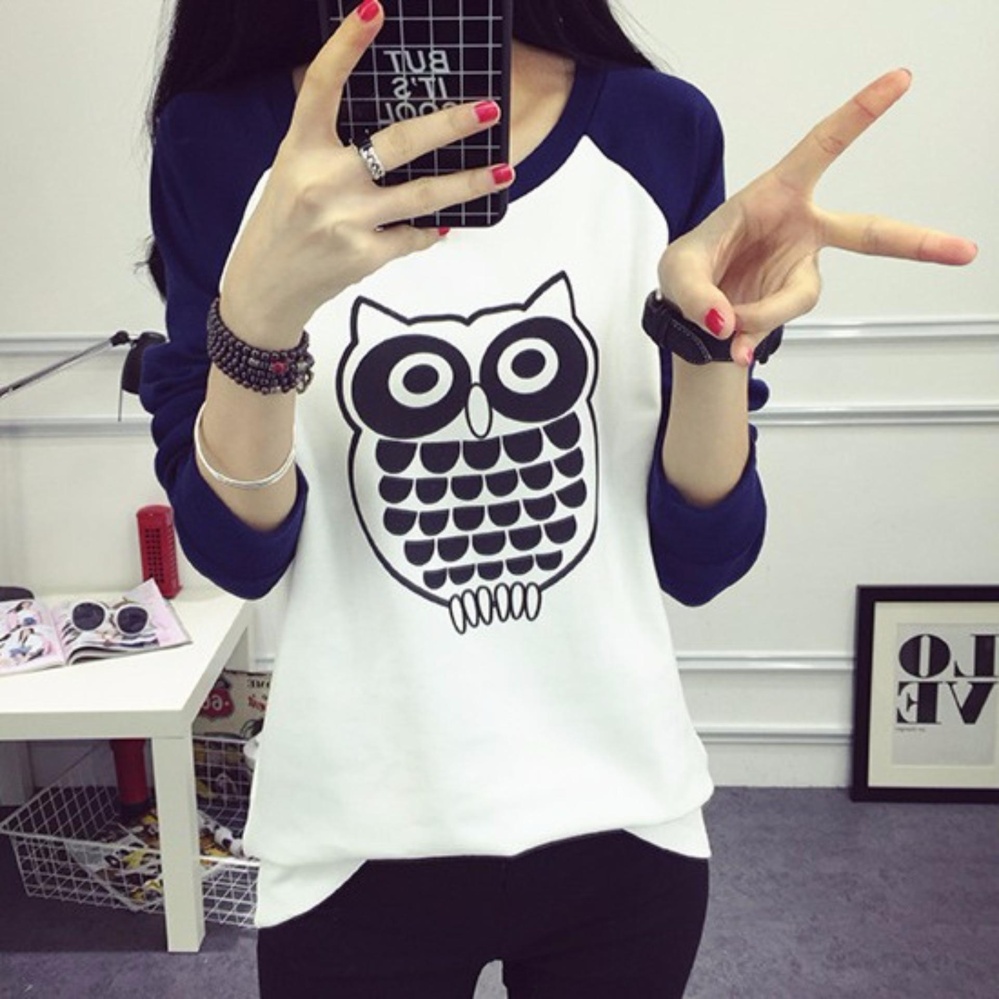 Mod เสื้อแฟชั่น คอกลม แขนยาวทูโทน ลายนกฮูก (สีขาว/น้ำเงิน) รุ่น 8302
