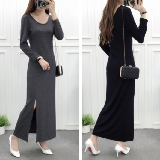 ปลอกคอกลมชุดเดรสหญิงฤดูร้อนและฤดูใบไม้ร่วงใหม่ Modal แขนเสื้อยาวลำลองกระโปรงยาวสลิมแลดูผอมด้านหน้าผ่าชุดเดรส