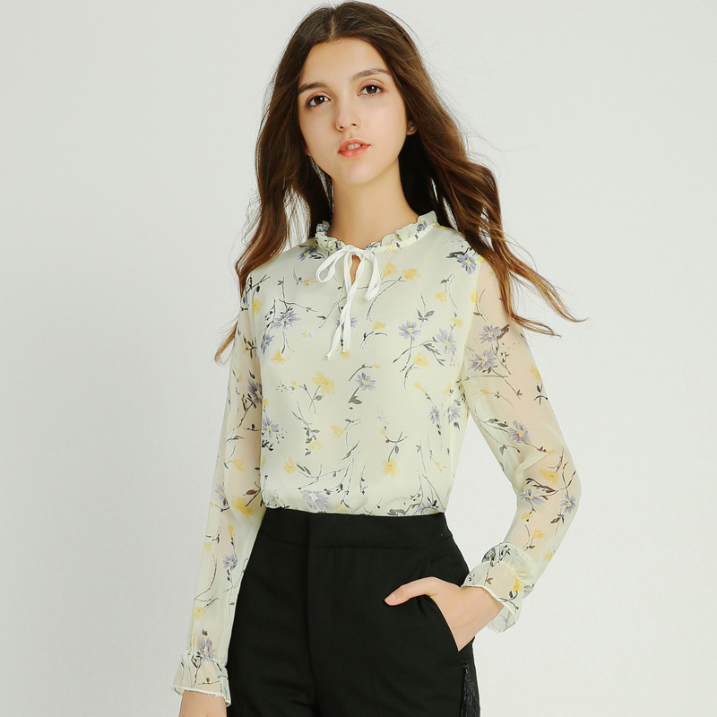 Modengmeimei ป่าหญิงแขนยาวใหม่เสื้อชีฟองเสื้อ (สีเบจ)