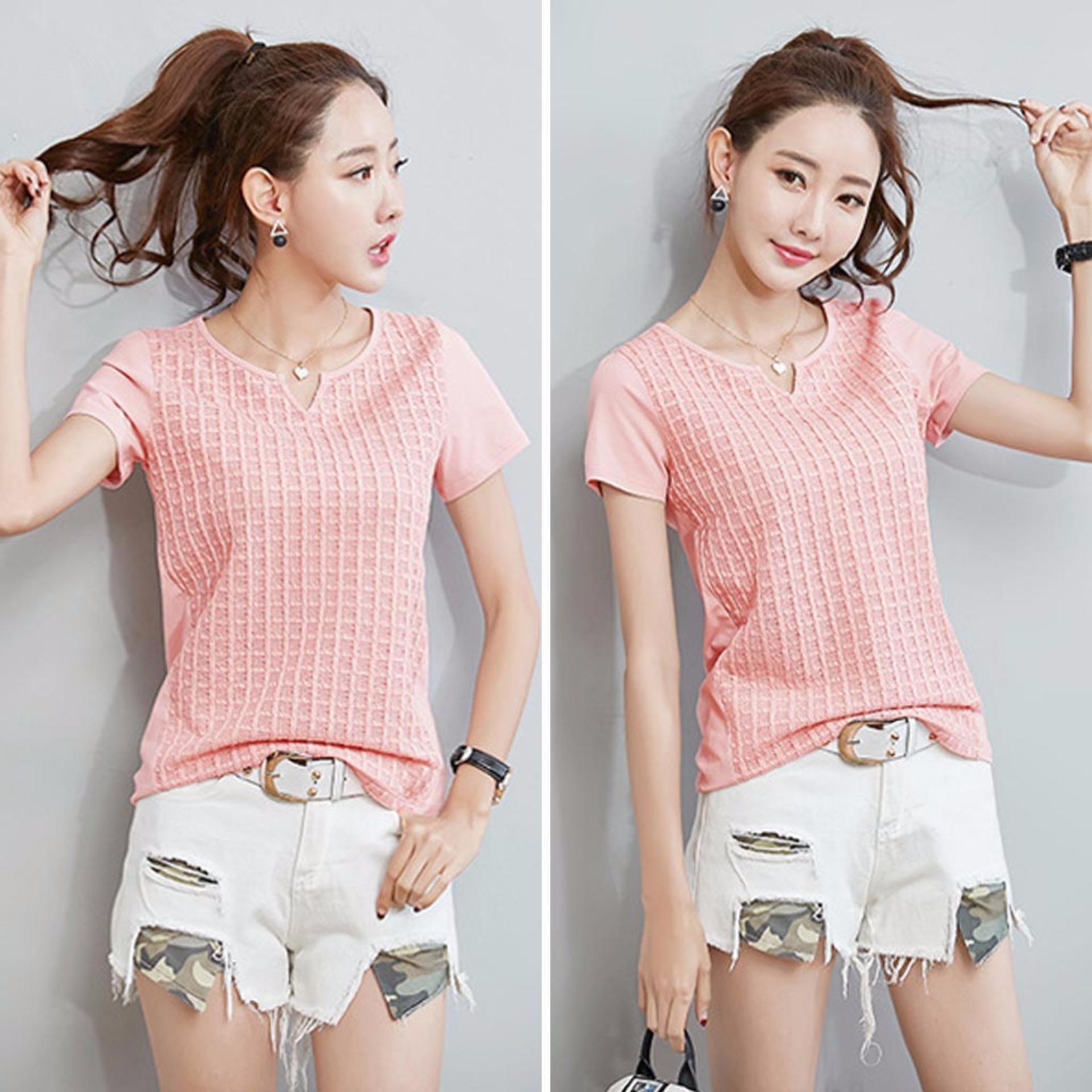 Mosha Fashions เสื้อยืดคอกลม แขนสั้น ลายตาราง (สีชมพู) รหัส FSO8506