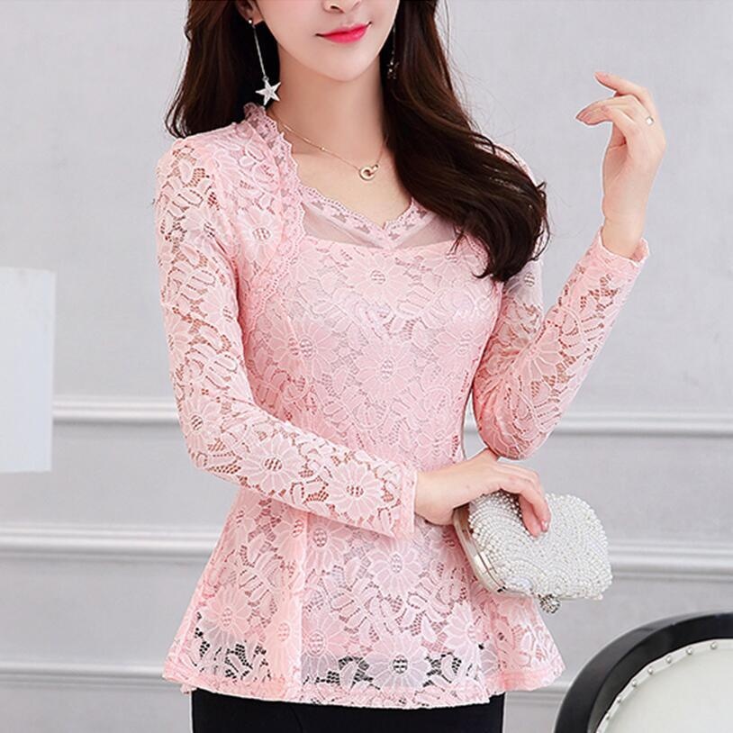 ใหม่ผู้หญิงเสื้อลูกไม้กลวงลูกไม้เสื้อเชิ๊ตแขนยาว blusa feminina พลัสขนาดเสื้อลูกไม้เสื้อผ้าผู้หญิงเซ็กซี่ 4XL สีชมพู - นานาชาติ