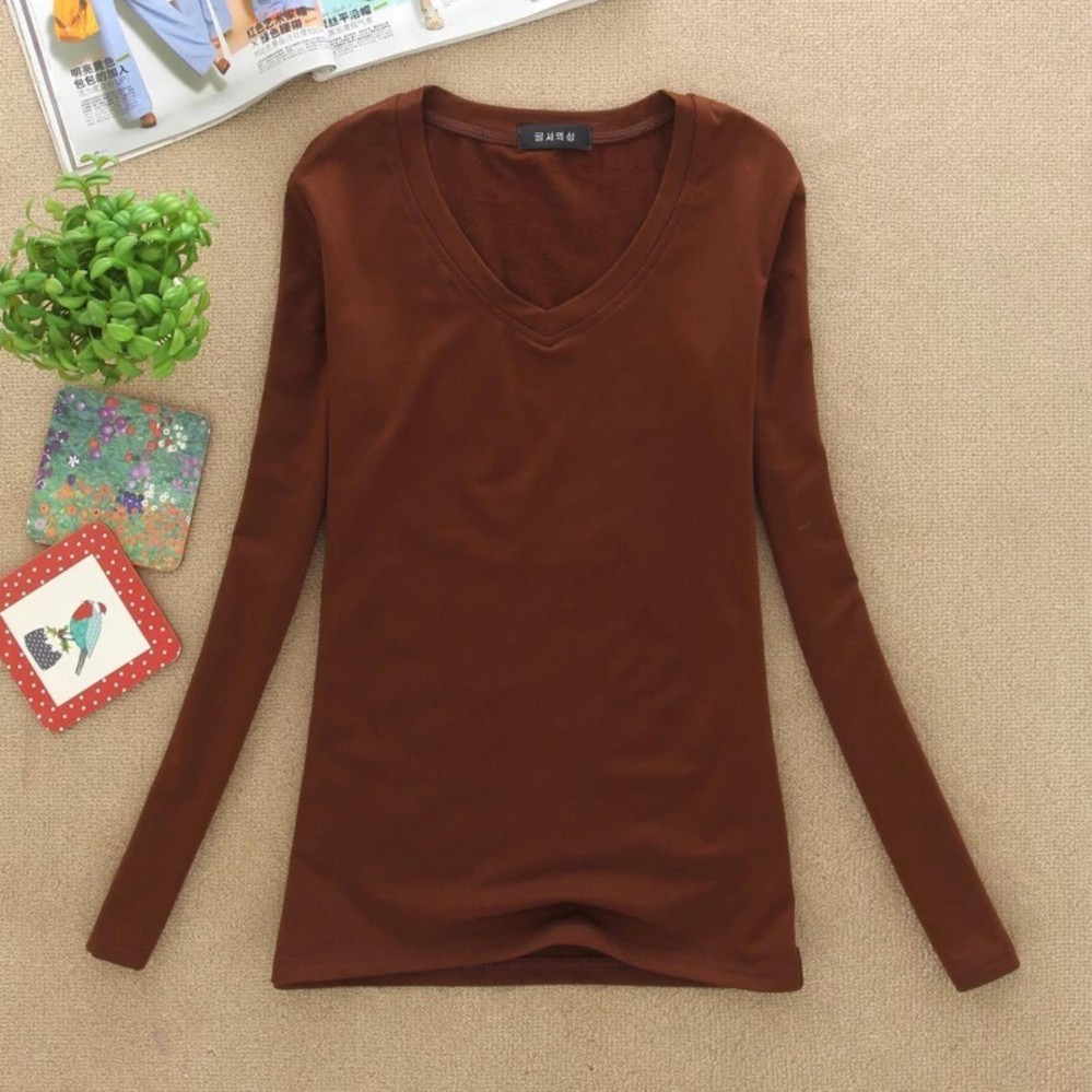 PK Long Sleeve T-Shirt เสื้อยืดกันหนาวแขนยาว คอวี -สีน้ำตาล