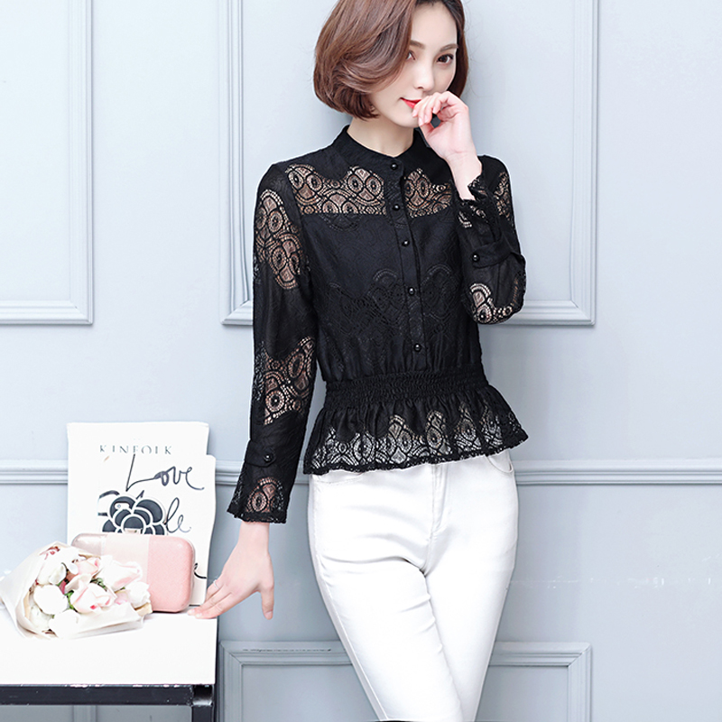 เสื้อตัวสั้นคอตั้ง ลายฉลุของผู้หญิง สไตล์เกาหลี (สีดำ) (สีดำ)