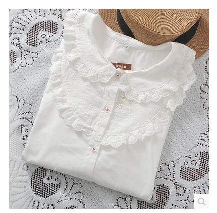 เสื้อเชิ้ตผู้หญิง ปักลาย ผ้าฝ้าย แขนยาว (สีขาว)