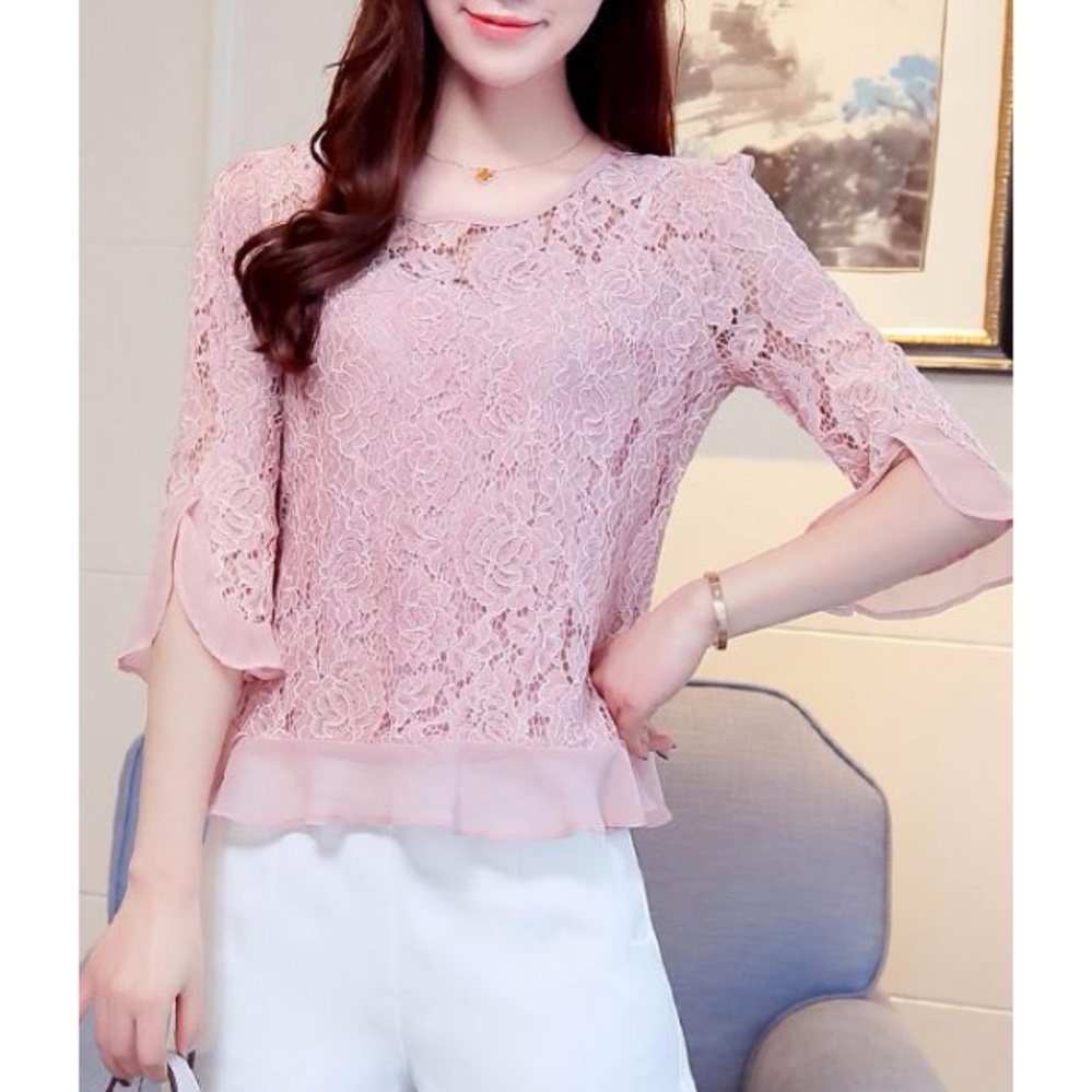 เสื้อสตรี สไตล์เกาหลี ผ้าลูกไม้สีชมพู อิฐ