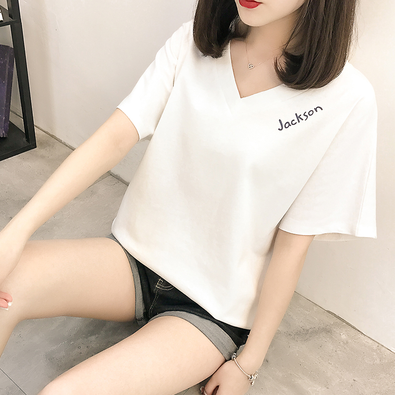 เสื้อป่าเสื้อยืดผ้าฝ้ายหญิงแขนสั้นคอวี (สีขาว)