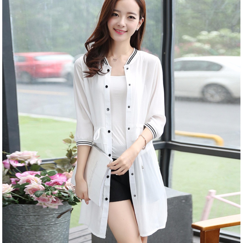 คาร์ดิแกน เสื้อคลุมตัวยาว ผ้าชีฟอง สีขาว ไซต์ S-3XL # 6909