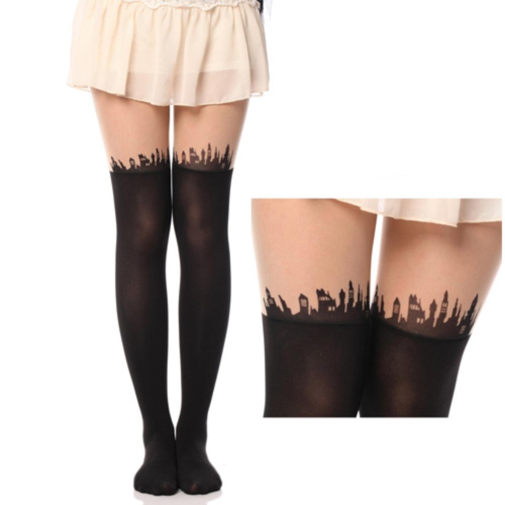 Tattoos Tights ถุงน่องแฟชั่นทูโทนลายเมือง ถุงน่องแฟชั่นเกาหลี 2 สี 1 ตัว