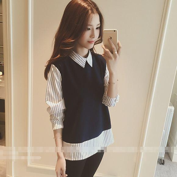 Tucky&Jiang เสื้อแฟชั่น แขนยาว ต่อผ้าลายทาง ปกเชิ๊ต เสื้อสีน้ำเงิน 1351