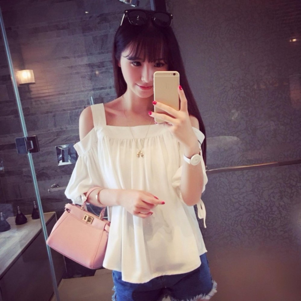 Tucky&Jiang เสื้อแฟชั่น เปิดไหล่ แต่งผูกแขน สีขาว 5295
