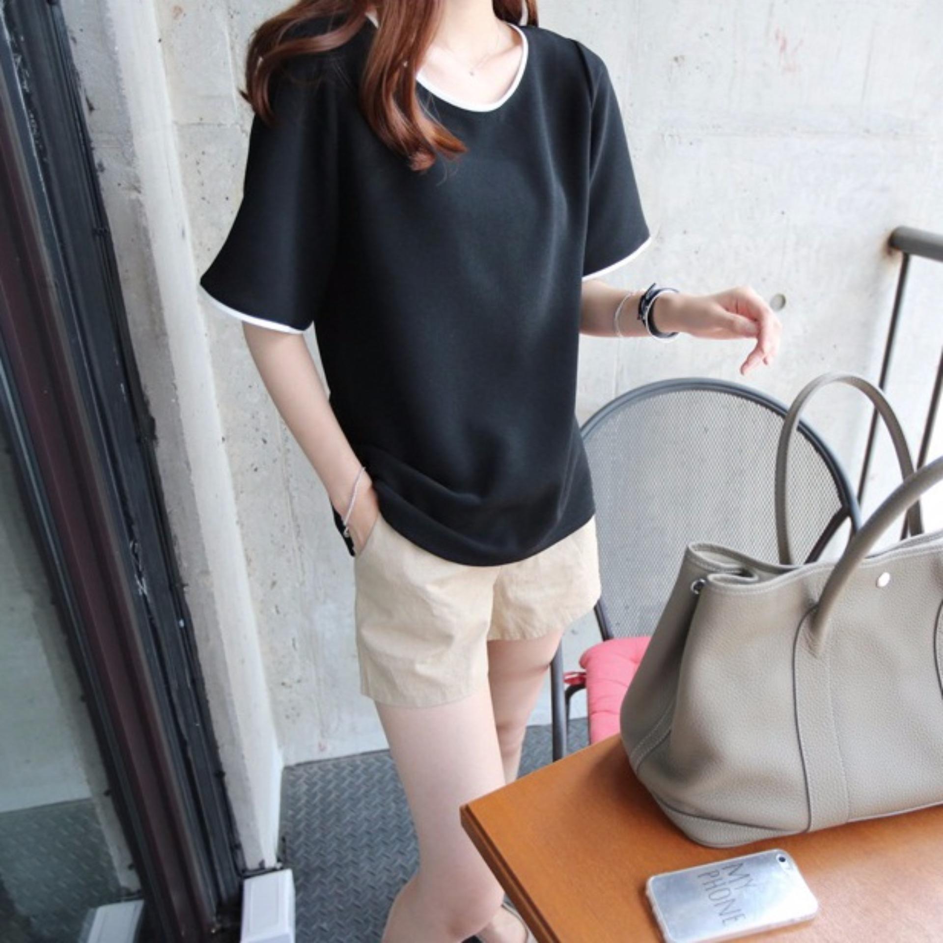 tucky&jiang เสื้อแฟชั่น คอกลม แขนสั้น สีพื้น แต่งขอบดำ สีดำ 9140