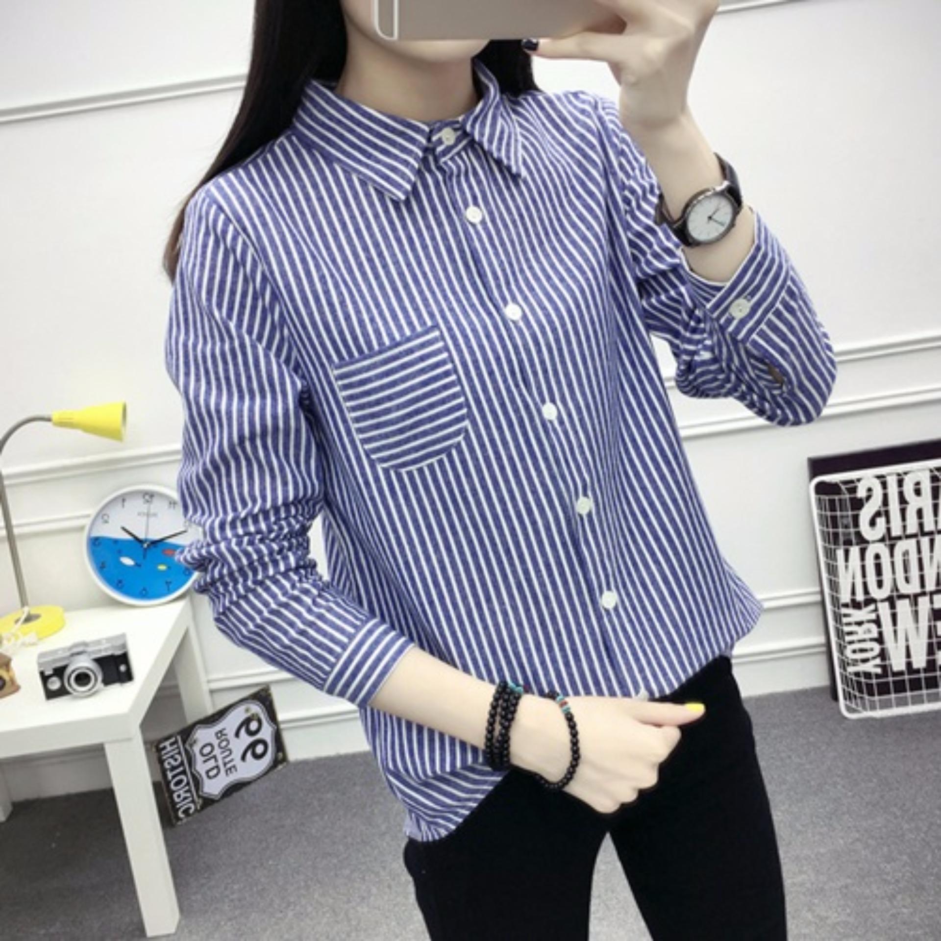 Tucky&Jiang เสื้อแฟชั่น ปกเชิ๊ต แขนยา ลายทาง สีฟ้า 2761