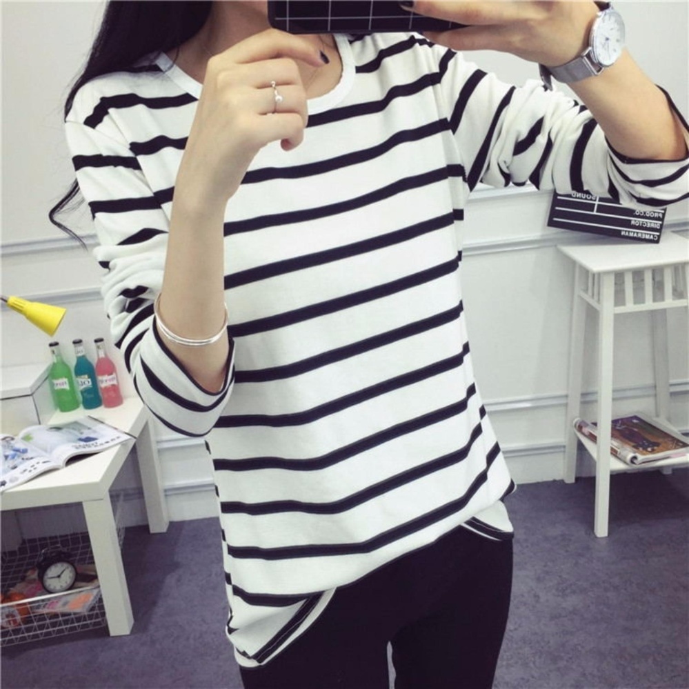 Wonderful Story แฟชั่นใหม่เสื้อยืดเสื้อแขนยาวลายทางสีขาว