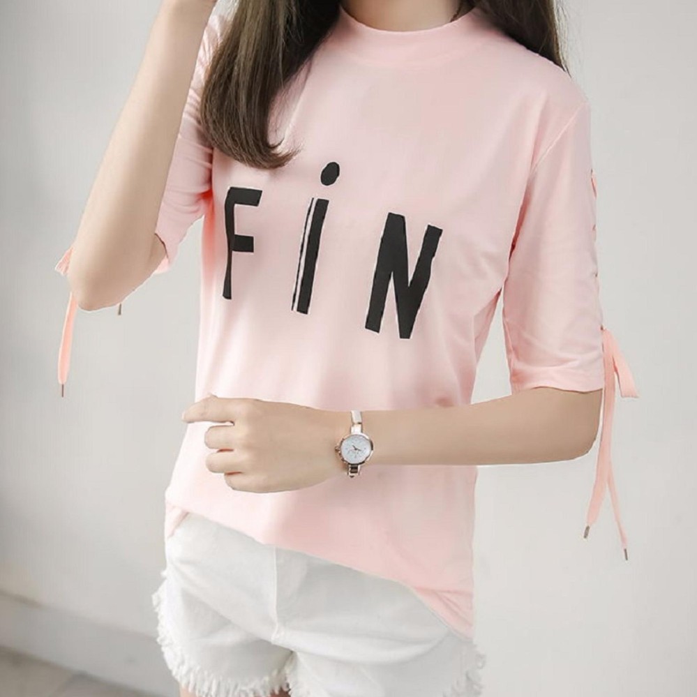 YYCเสื้อยืดแขนสั้นผูกเชือกสตรี พิมพ์ลายตัวอักษร ทรงหลวม สไตล์เกาหลี (สีชมพู) รุ่น 2020 YYCเสื้อยืดแขนสั้นผูกเชือกสตรี พิมพ์ลายตัวอักษร ทรงหลวม สไตล์เกาหลี (สีชมพู) รุ่น 2020