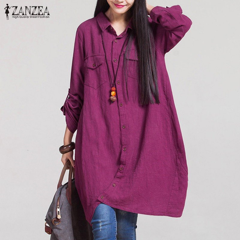 ZANZEA แฟชั่นฤดูใบไม้ร่วงร้อนขายเสื้อผู้หญิงแขนยาวไม่สม่ำเสมอฝ้ายฝ้ายเสื้อกล้ามเสื้อลำลองหลวม Blusas พลัสขนาดเสื้อ (สีม่วงแดง) - นานาชาติ
