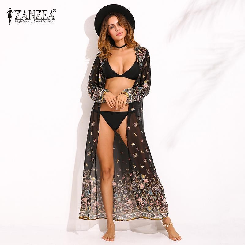 ZANZEA เหล้าองุ่นผู้หญิงแขนยาว Boho ดอกไม้พิมพ์ชีฟองกิโมโนคอวีแม็กซิยาวแจ็คเก็ตเสื้อสเวตเตอร์ถัก - นานาชาติ