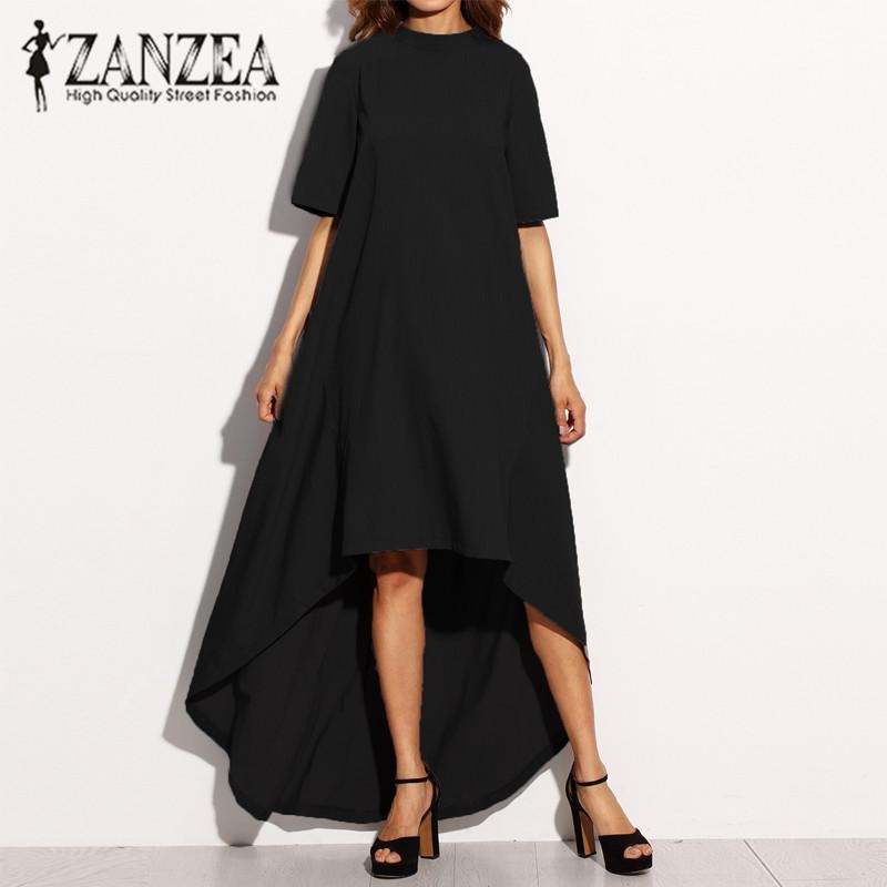 ZANZEA ผู้หญิงฤดูใบไม้ร่วงคอสั้นแขนสั้นไม่สมมาตรฤดูร้อนลำลองหลวมพรรคยาวพลัสขนาด (ปิดสีขาว)เสื้อผ้าแฟชั่นชุดเดรสชุดเดรสออกงาน