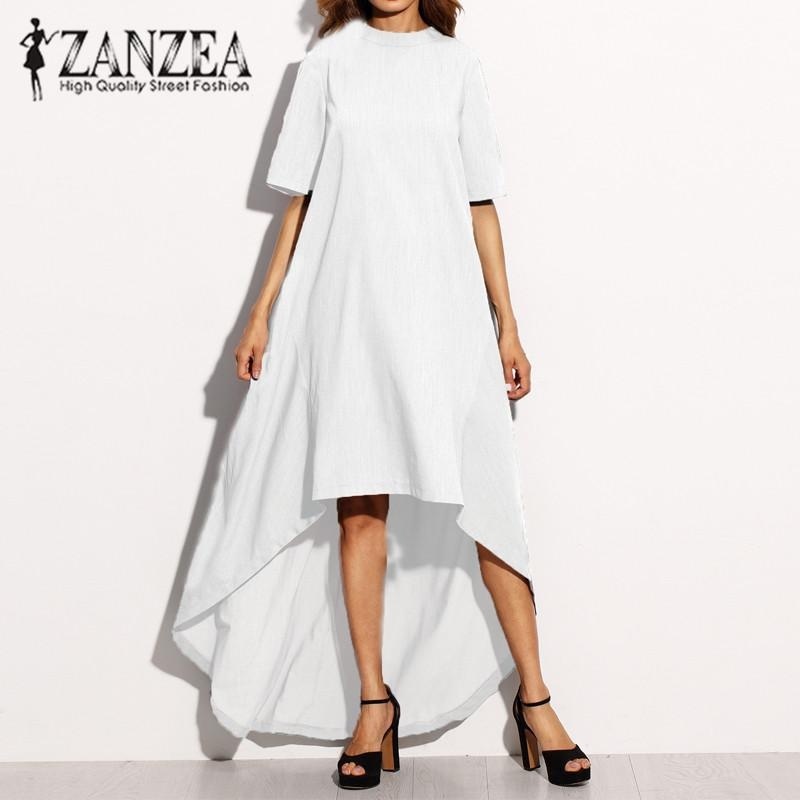 ZANZEA ผู้หญิงฤดูใบไม้ร่วงคอสั้นแขนสั้นไม่สมมาตรฤดูร้อนลำลองหลวมพรรคยาวพลัสขนาด (ปิดสีขาว)เสื้อผ้าแฟชั่นชุดเดรสชุดเดรสออกงาน