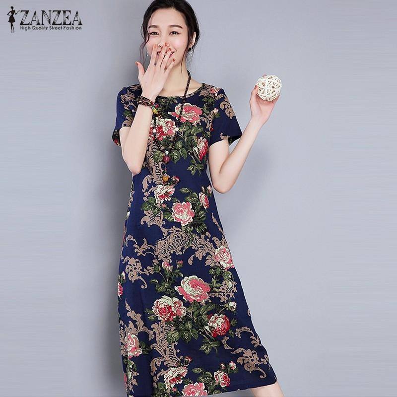 ZANZEA ผู้หญิงวันหยุดวินเทจฤดูร้อนพิมพ์ดอกไม้สายกลางชุดกาแฟ