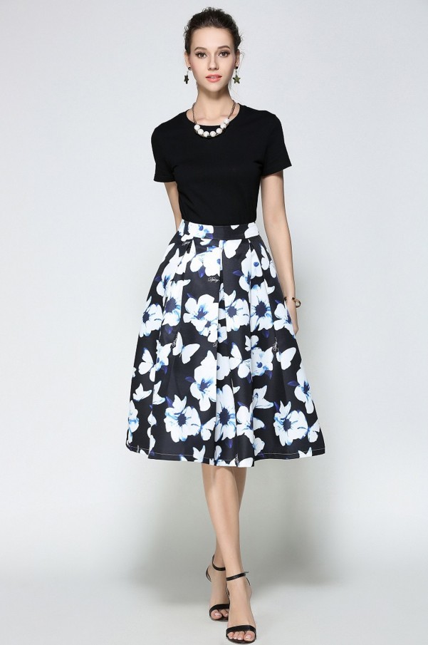 กระโป่ร่งคลุมเข่าลายกราฟฟิก ZASHION Classic Printed Pleated Skirt 8