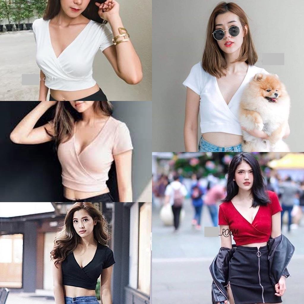 เสื้อครอปแขนสั้น ไขว้หน้า สุด Sexy