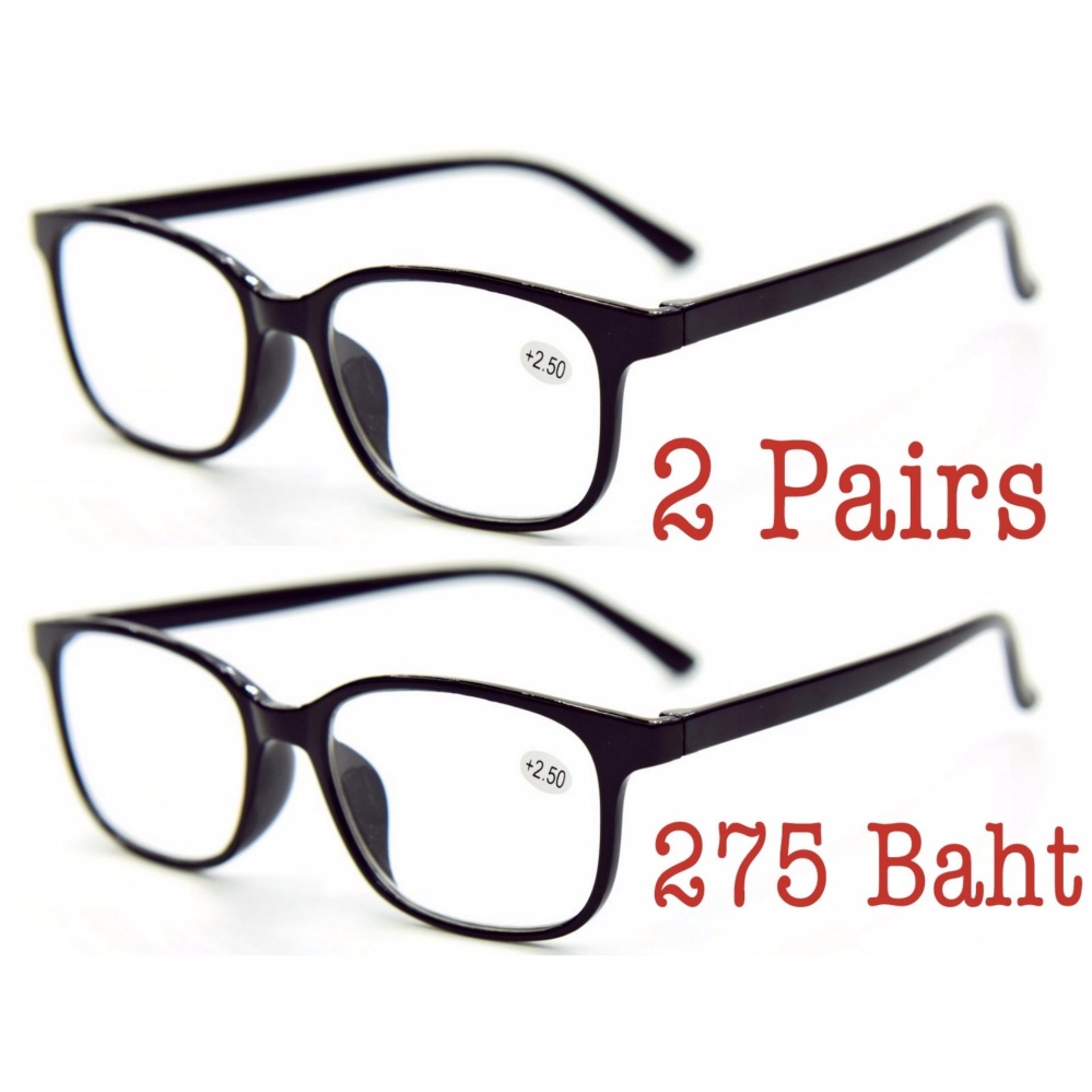 2 x Pairs GREAT VALUE All Black Retro Fashion Stylish Reading Glasses Including Pouches & Cleaning Cloths +1.5 แว่นตาอ่านหนังสือ รุ่น 1035R มีรูปทรงที่ทันสมัย โดดเด่นสี ดำ +1.5
