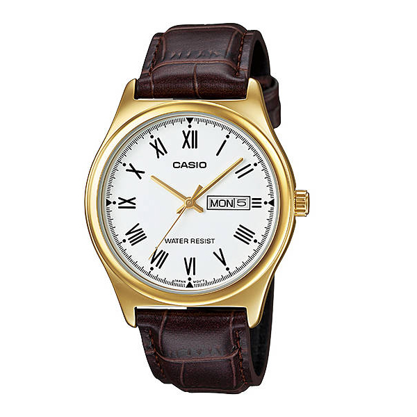 Casio Standard นาฬิกาข้อมือผู้ชาย สีน้ำตาล/หน้าขาว สายหนัง รุ่น MTP-V006GL-7BUDF