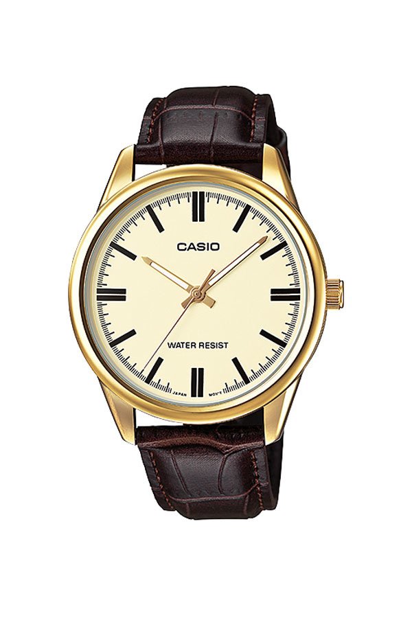Casio Standard นาฬิกาข้อมือ สายหนัง รุ่น MTP-V005GL-1BUDF - ขอบทอง/หน้าดำ