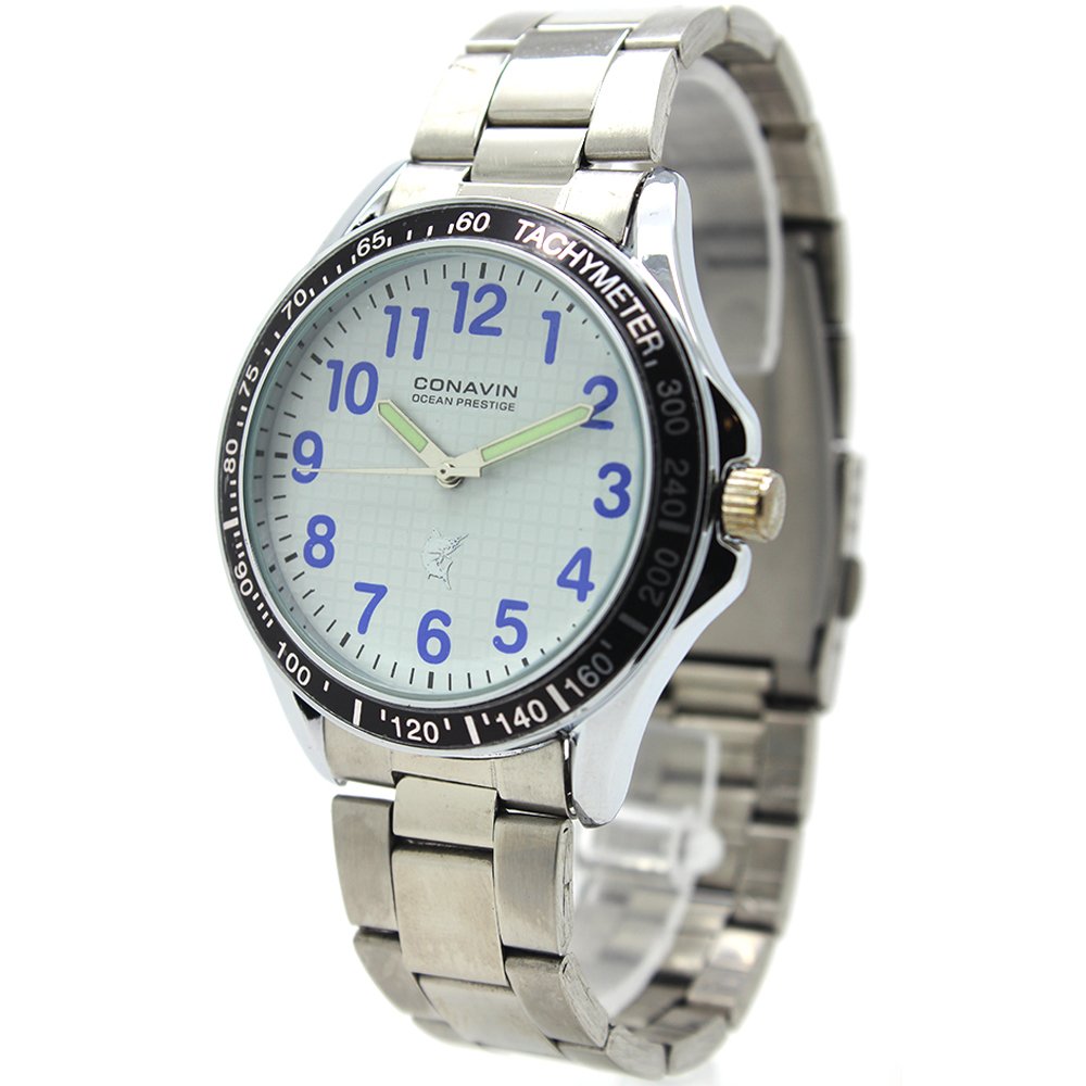CONAVIN นาฬิกาข้อมือผู้ชาย ระบบ Quartz สายสแตนเลส เรือนขาว ขอบสีแดง รุ่น BMT-005