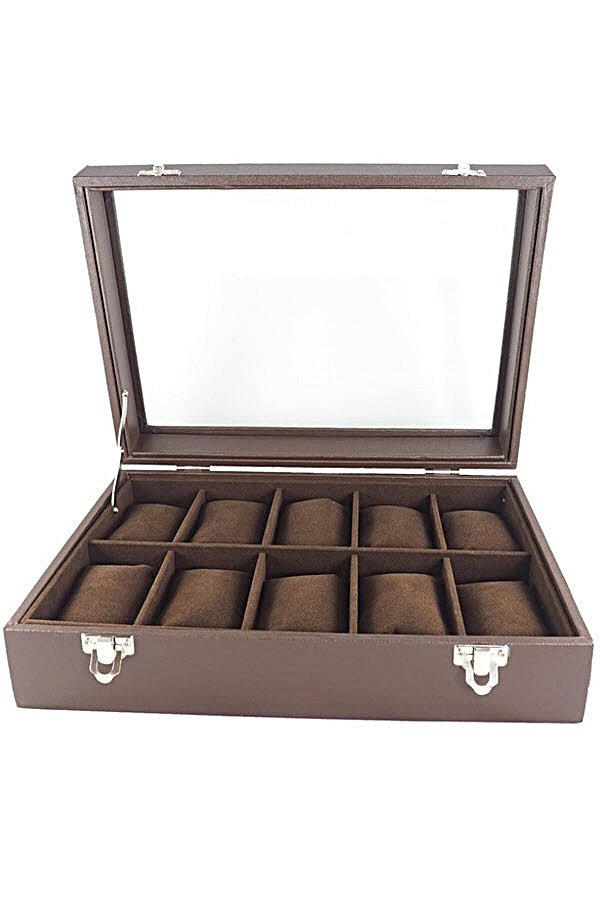 Fancybox ตู้นาฬิกาไม้บุหนังเรือนเจาะฝากระจก ผ้ากำมะหยี่ สำหรับนาฬิกา 10 เรือน - Black-Grey
