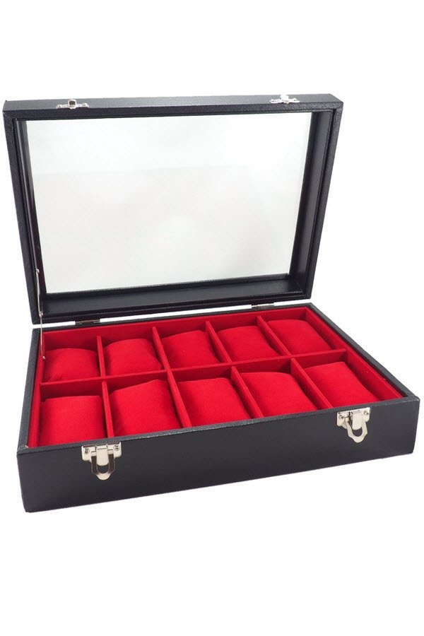 Fancybox ตู้นาฬิกาไม้บุหนังเรือนเจาะฝากระจก ผ้ากำมะหยี่ สำหรับนาฬิกา 10 เรือน - Black-Grey