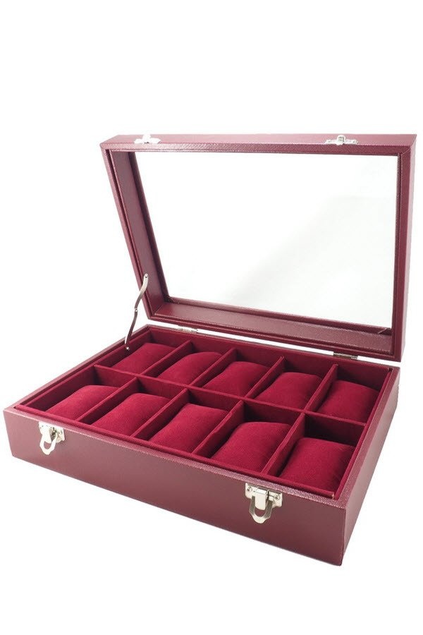 Fancybox ตู้นาฬิกาไม้บุหนังเรือนเจาะฝากระจก ผ้ากำมะหยี่ สำหรับนาฬิกา 10 เรือน - Black-Grey