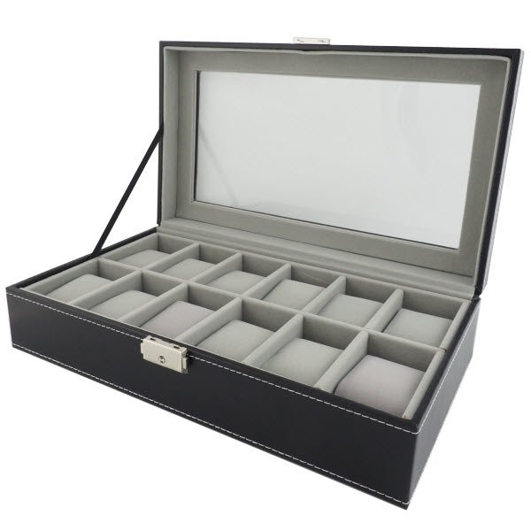Fancybox กล่องนาฬิกาไม้บุหนัง สำหรับนาฬิกา 12 เรือน สีดำ-ครีม