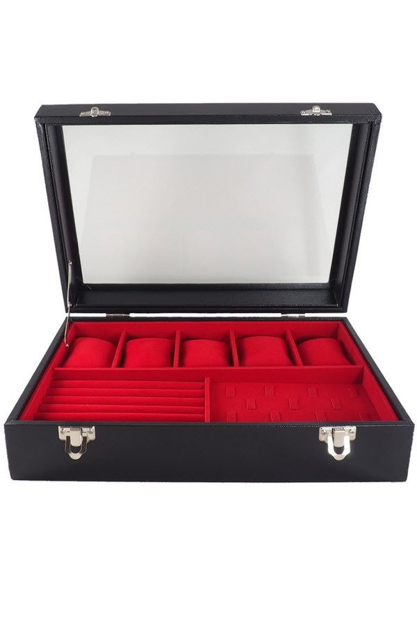 FancyBox ตู้นาฬิกาไม้บุหนัง ฝากระจก - Black/Red