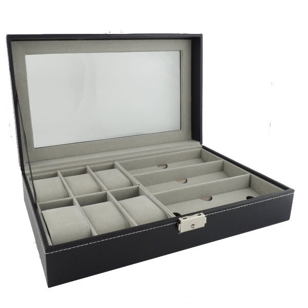 FancyBox ตู้นาฬิกาไม้บุหนัง ฝากระจก สีน้ำตาลแดง ใส่นาฬิกา 6 เรือน + กล่องใส่แว่นตา